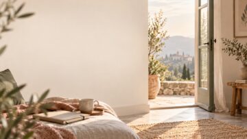Stanza luminosa con letto, tazza e quaderno vicino a una porta aperta su un paesaggio naturale.