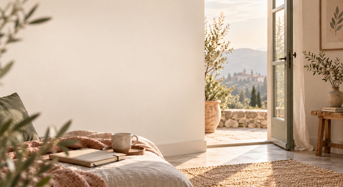 Stanza luminosa con letto, tazza e quaderno vicino a una porta aperta su un paesaggio naturale.